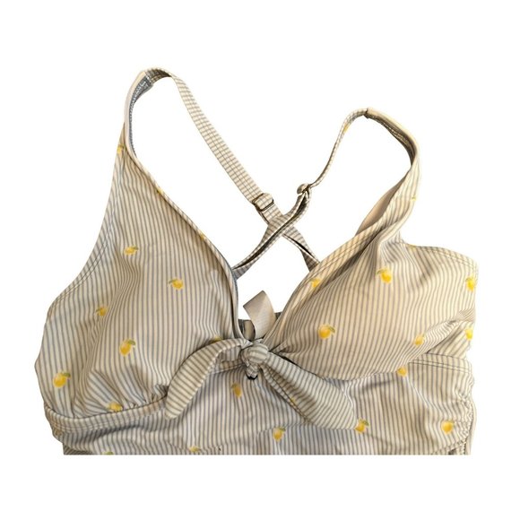 Crown & Ivy Womens 1 Piece Bathing Suit L White Blue Striped Yellow Floral Ruffl - Picture 4 of 5